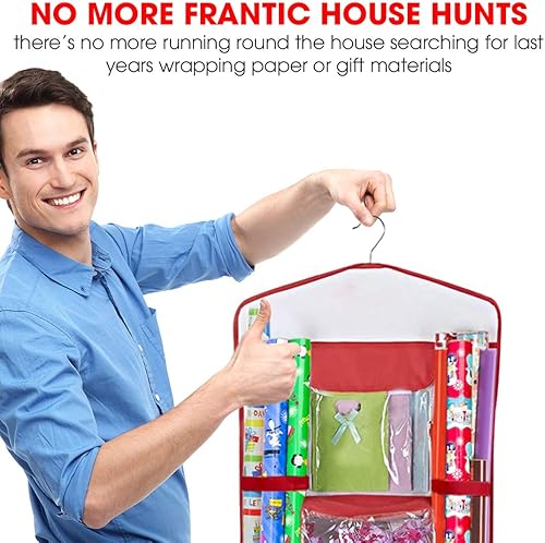 Miniatura 6 de Primode Almacenamiento de papel de regalo colgante Organizador de papel de regalo de doble cara Bolsillos para bolsas de regalo, cinta, lazos