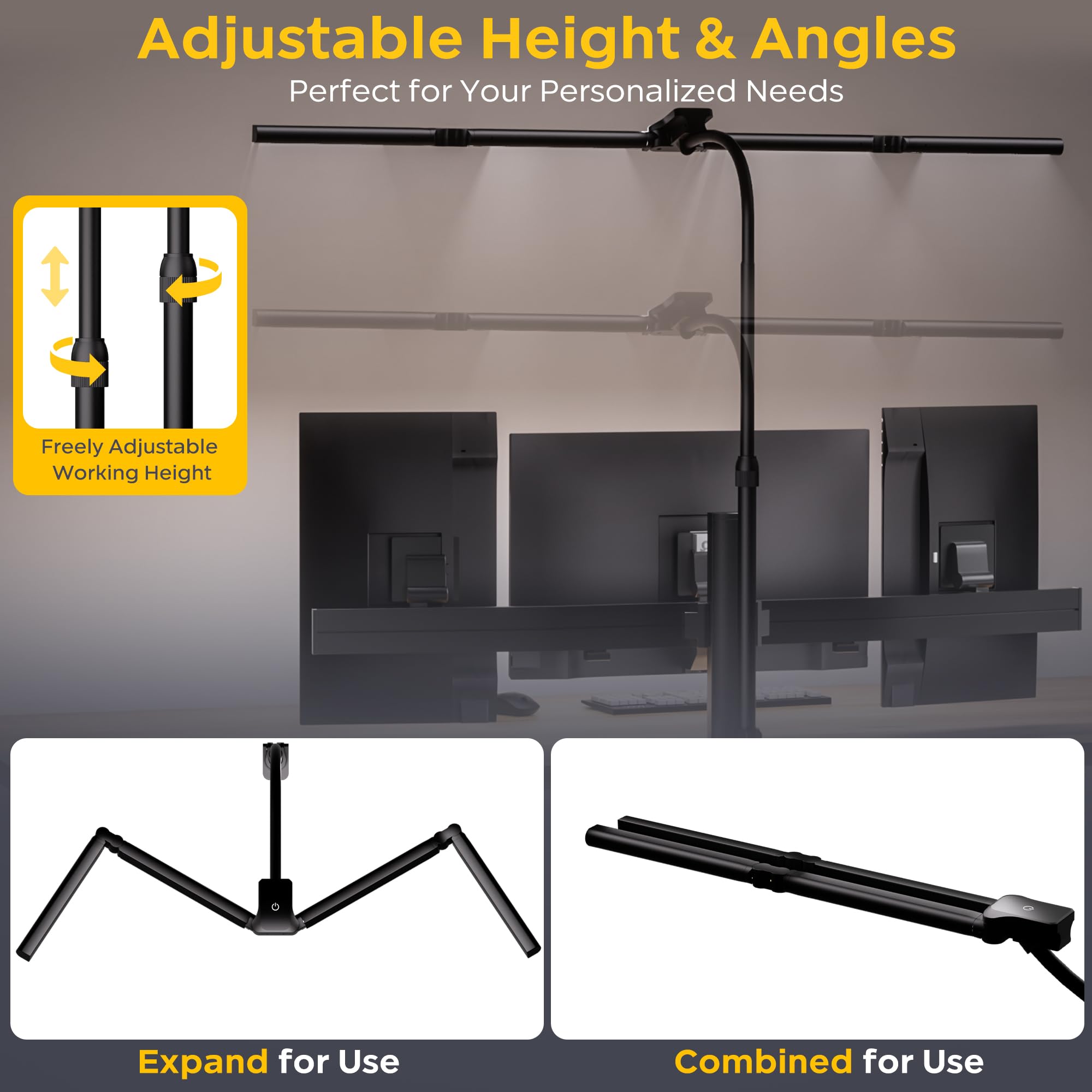 EYOCEAN Schreibtischlampe, 4 Lichtquellen, Teleskopstange mit Einstellbarer Höhe, 24W 100cm Tageslichtlampe Schreibtisch mit Fernbedienung, Dimmbare Monitor Lampe, Schwanenhals Büro Tischlampe