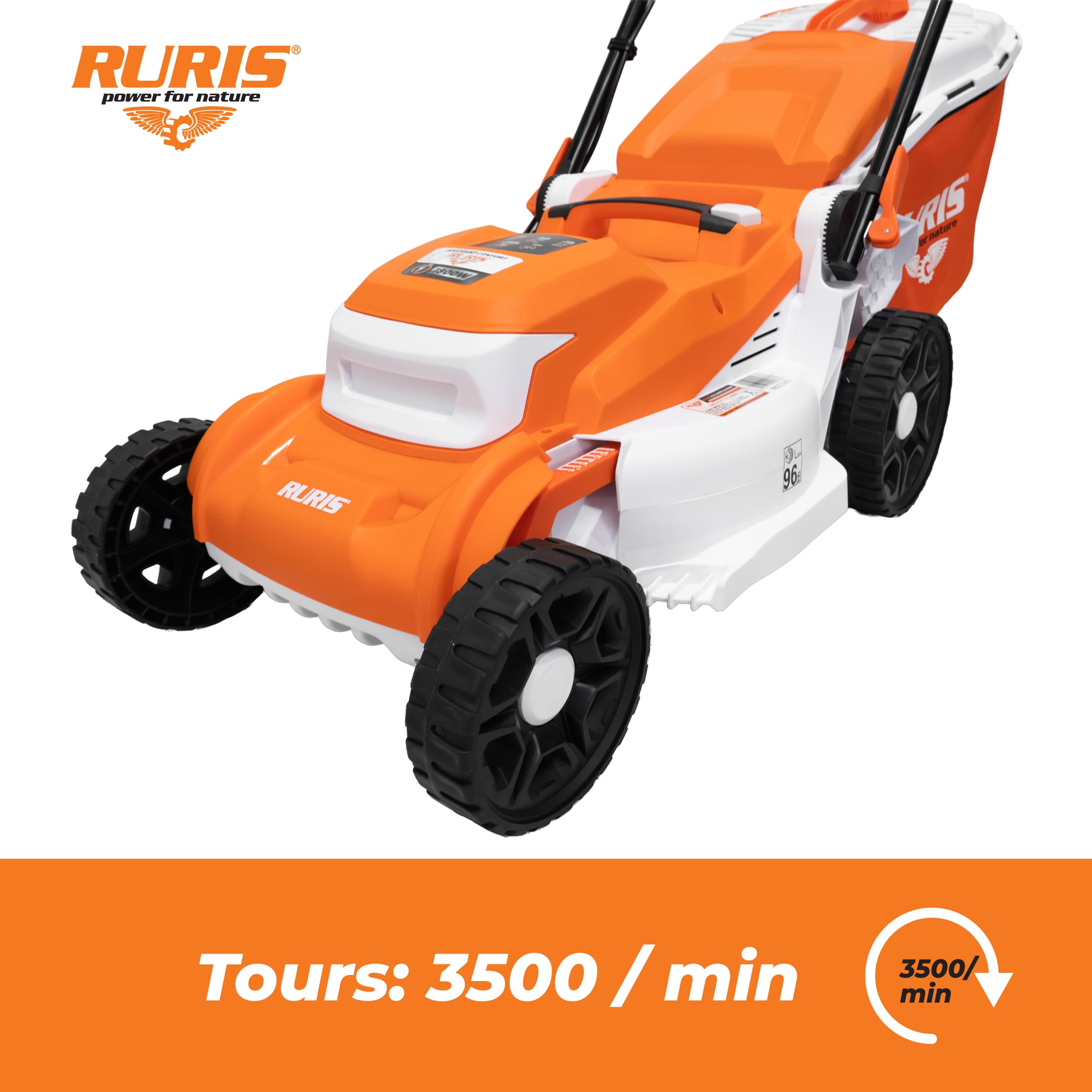 RURIS RXE1800 Confort - Cortacésped eléctrico (1800 W, Ancho 400 mm, 7 Alturas 25-75 mm, 3 Funciones Mulching Bandeja 40 L, Almacenamiento Vertical, asa de Espuma Confort Pro
