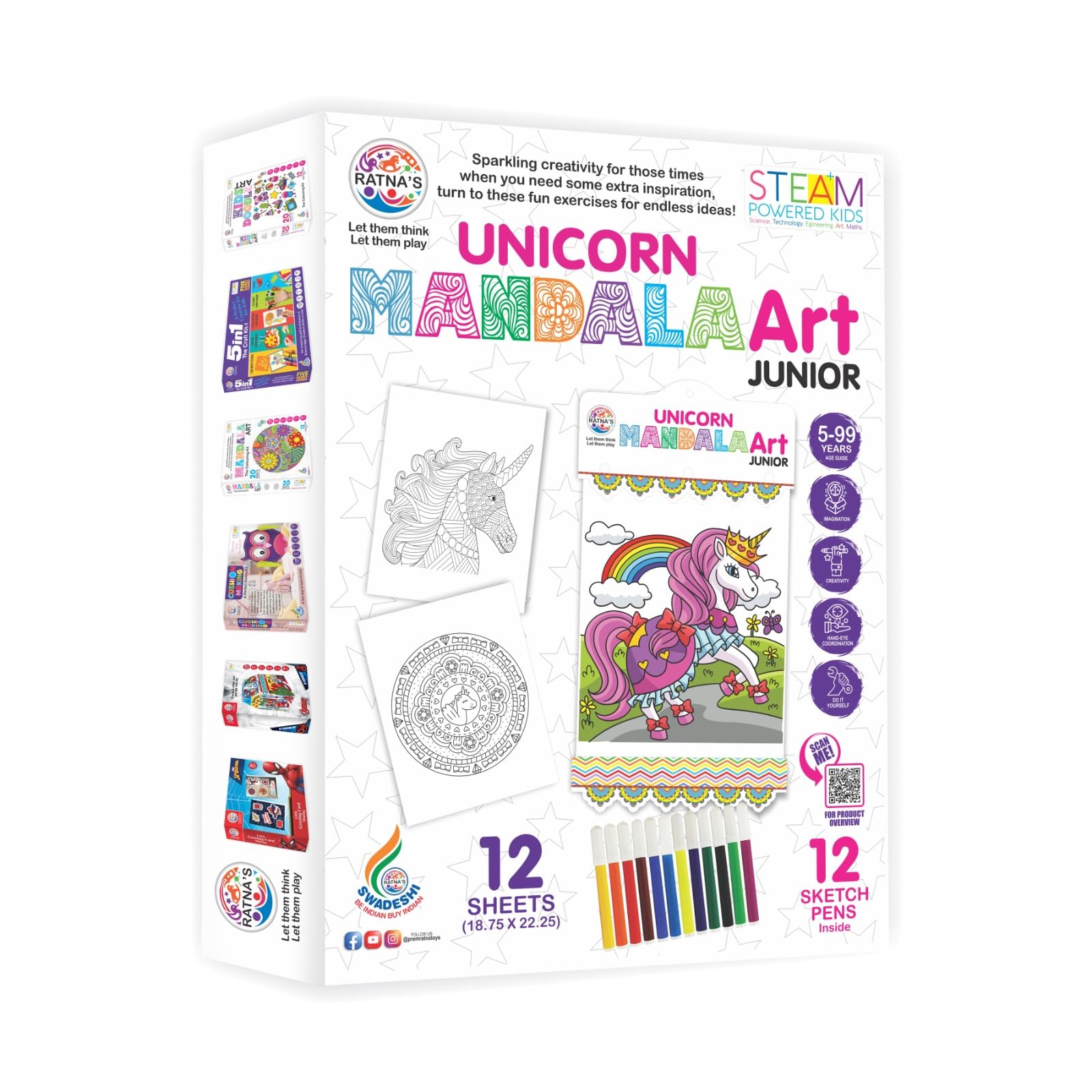 Ratna's Mandala Art Unicorn Junior Colouring Kit - 12 Sheets with 12 Sketch Pens Inside - Creative Coloring Fun for Kids & All Ages 2