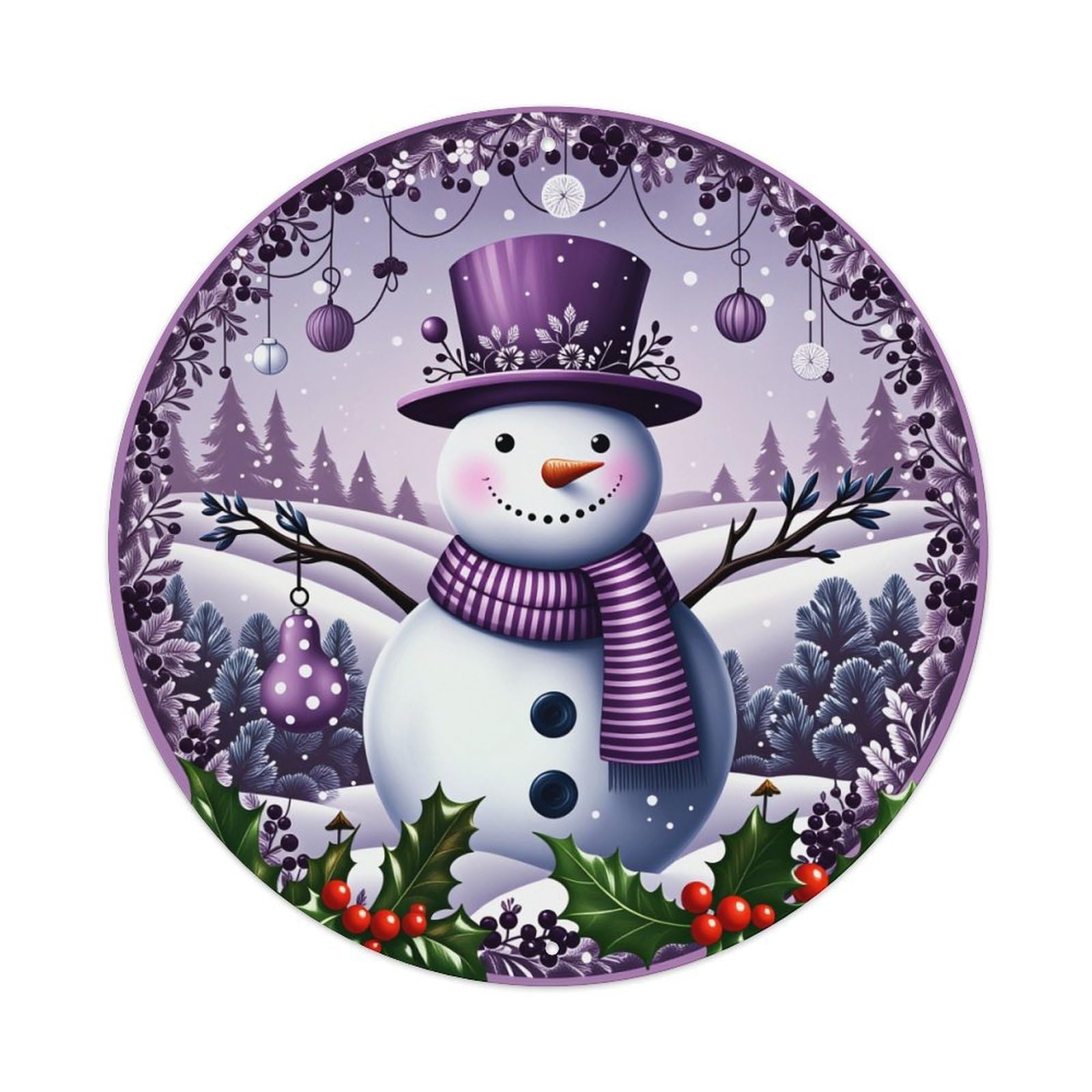 Snowman Winter Holiday Purple Decor Round Tin Sign Vintage Metal Poster Retro Bar, Home, Man Cave, Kitchen, Laundry Room Wall Art Decor Gift 8x8In