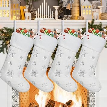 Dremisland 4 Pack Christmas Stockings 20 Inch White Faux Fur Xmas Stockings