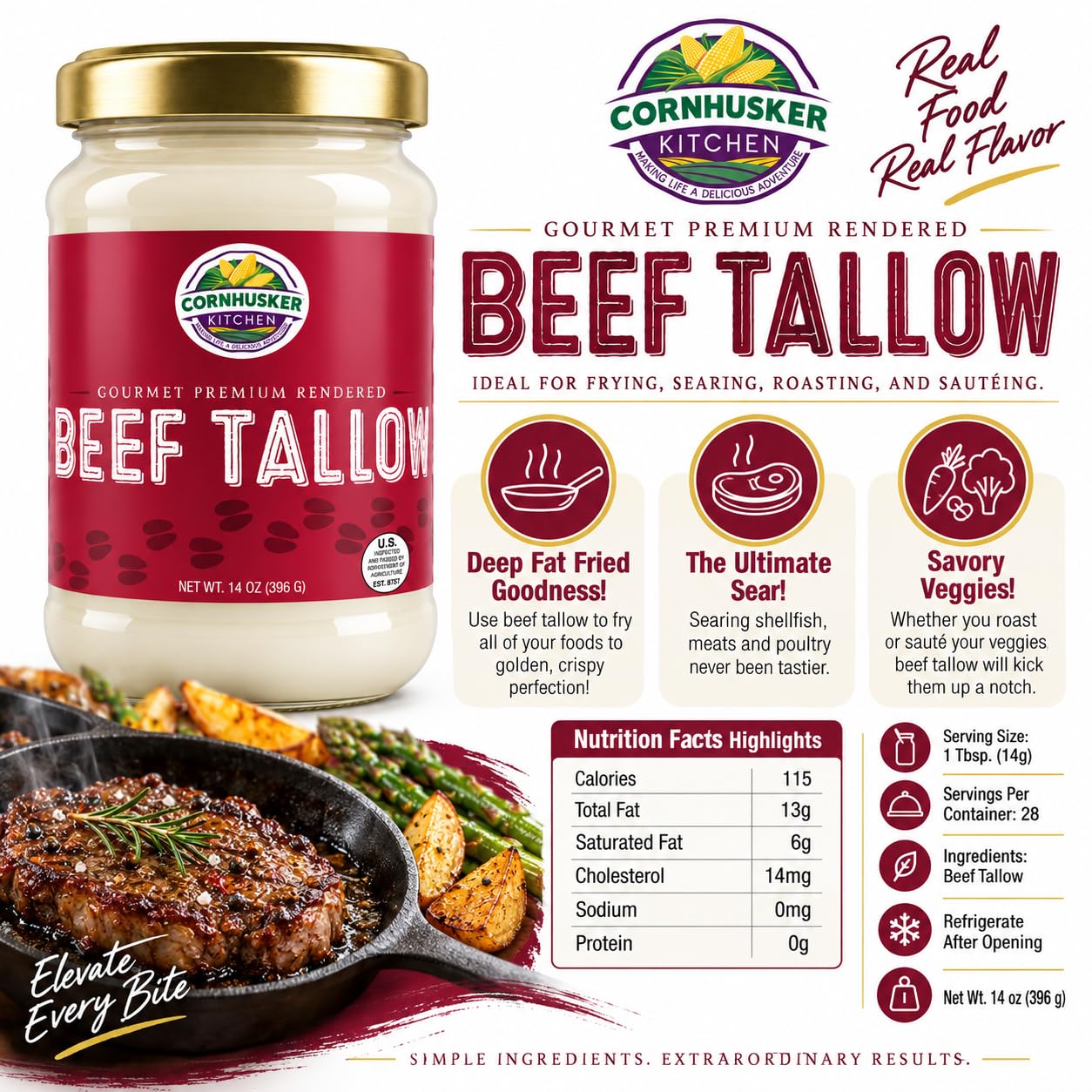 Cornhusker Kitchen Gourmet Premium Rendered Edible Beef Tallow Animal Cooking Oil 14oz Jar - Shelf Stable image 3