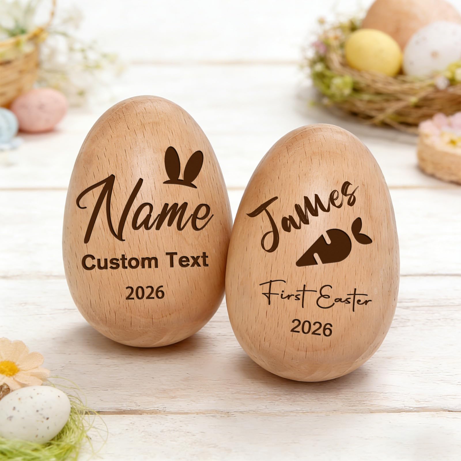 Personalized Wooden Egg Shaker for Easter 2026, Engraved Name Egg Shakers Musical Instruments, Easter Basket Stuffers for Babies & Kids, Sensory Musical Toys for Kids (Musical Easter Egg)
