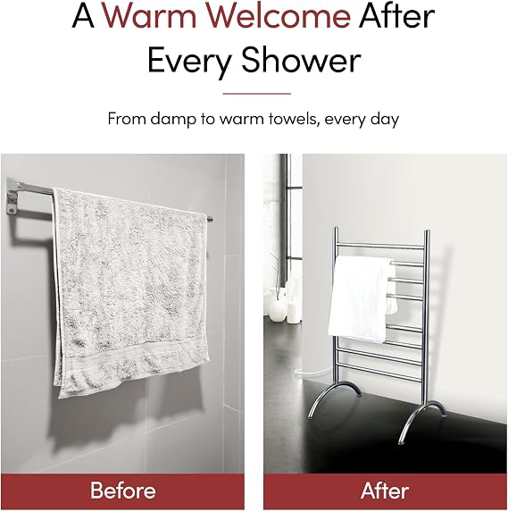 WarmlyYours Heated Towel Rack, 8-Bar Freestanding Model, Brushed Stainless Steel, Plug-in Electric Towel Warmer with Overheat Protection, 150W (Barcelona)