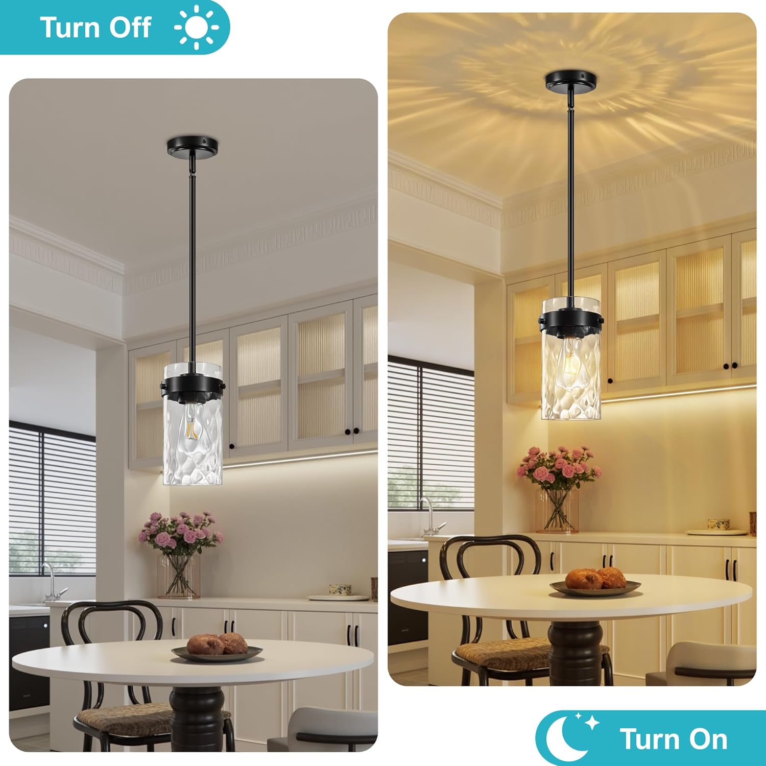 4.72" Hammered Glass Pendant Lighting for Kitchen Island 1 Pack, Modern Black Pendant Light Fixtures, Adjustable Ceiling Pendant Light for Kitchen Island Dining Room Bedroom Hallway