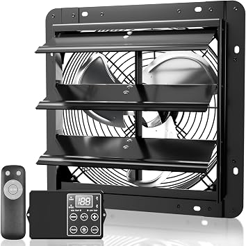 Baotree 14" Shutter Exhaust Fan with Thermostat & Smart Speed Remote Control, Automatic On/Off by Temperature, 1597CFM Wall Mounted Garage Fan for Attic, Greenhouses, Sheds, Chicken Coops & Shops