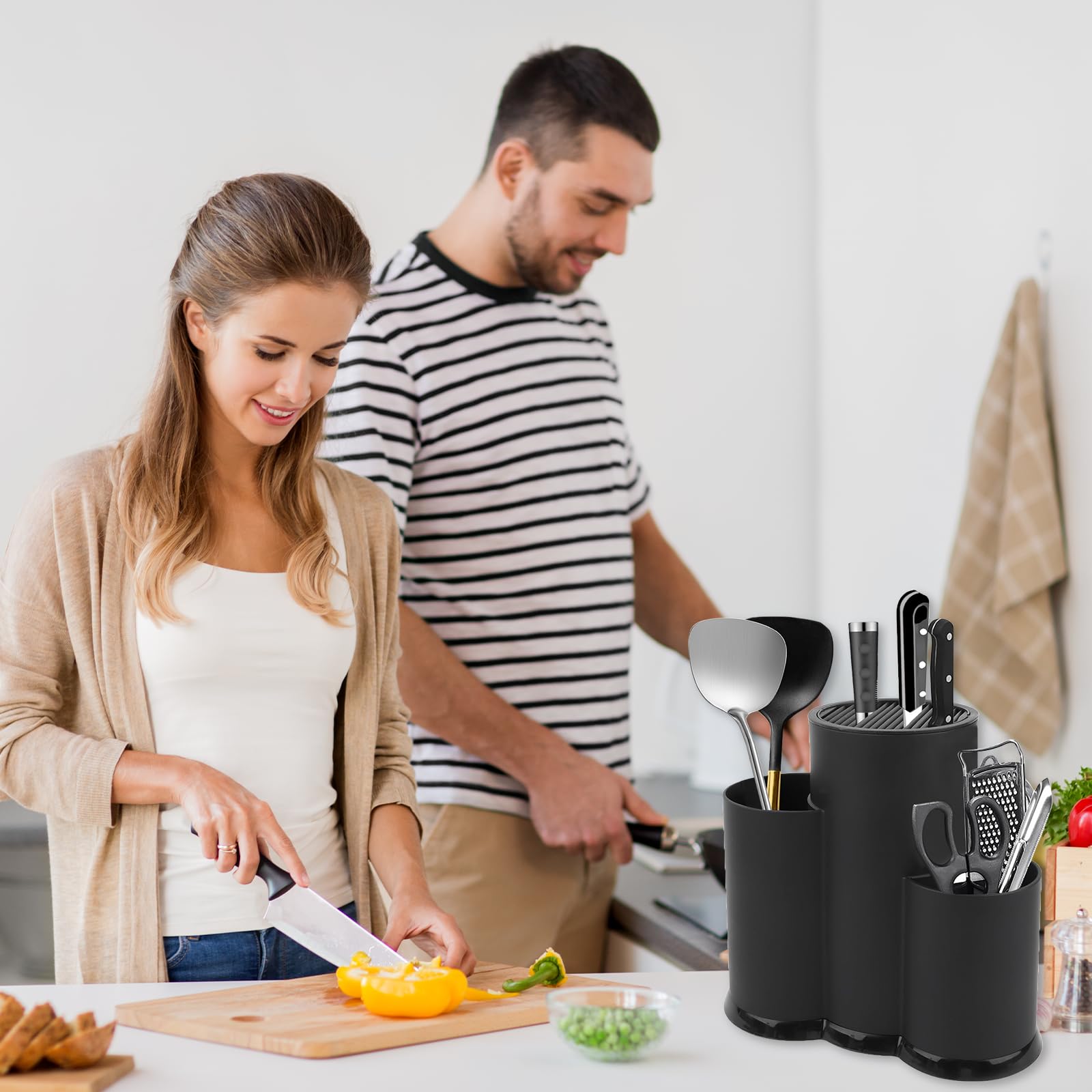 3 in 1 Ceppo Coltelli da Cucina, Ferroso Ceppo Coltelli Vuoto, Nero Porta Coltelli Cucina, Ceppo Portacoltelli da Cucina Con Foro Scarico e Slot Porta, Blocco Porta Coltelli Tondo per Cucina