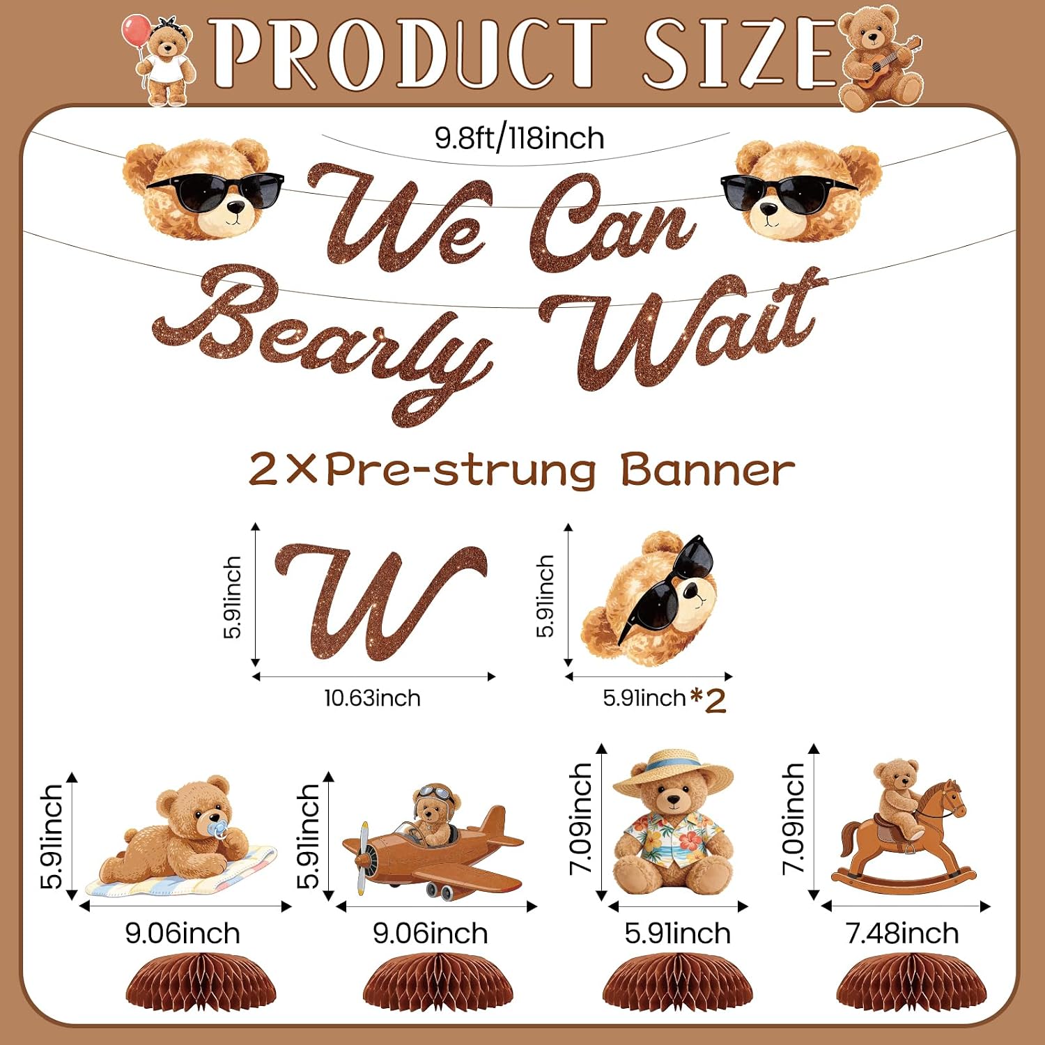 Bear Baby Shower Banner Decorations - Teddy Bear Baby Shower Decorations for Boys Girls, 12 Pcs Brown Bear Themed Baby Shower Party Supplies with We Can Bearly Wait Banner Honeycomb Centerpieces image 3
