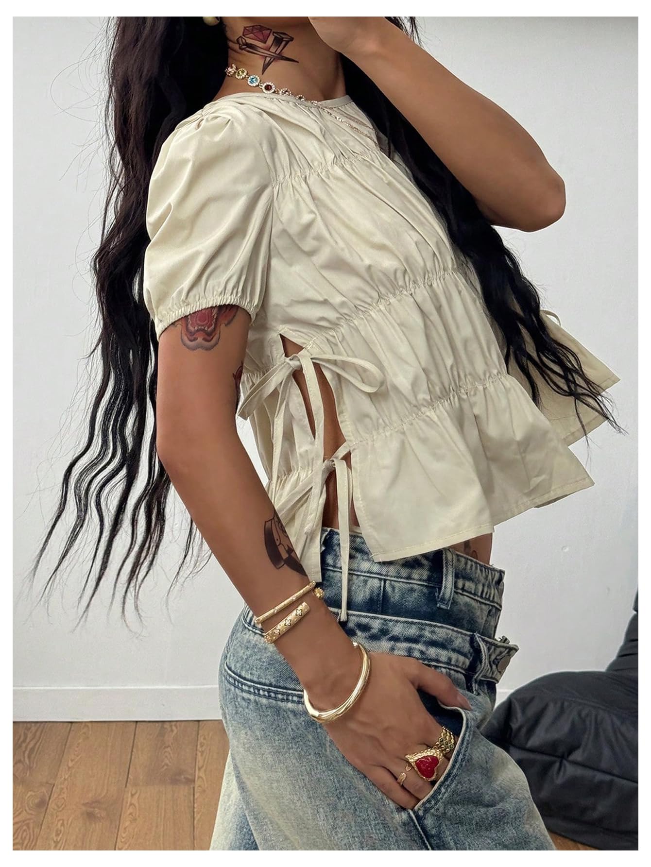 Floerns Women's Y2k Puff Sleeve Blouse Tie Side Ruffle Hem Concert Outfit Shirts