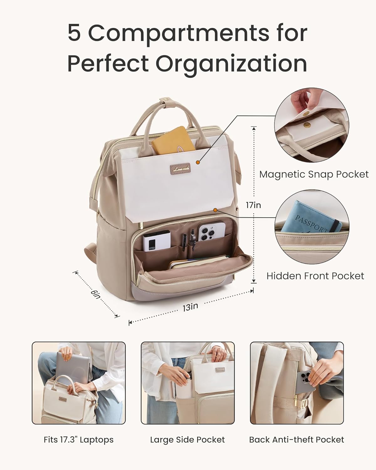 LOVEVOOK Laptop Backpack for Women with Giant Tumbler Holder Pocket, 17 inch Travel Work Backpack Purse for Nurse Teacher, Waterproof School Bag College Bookbag Cute Casual Daypack for Girls Khaki - Image 3