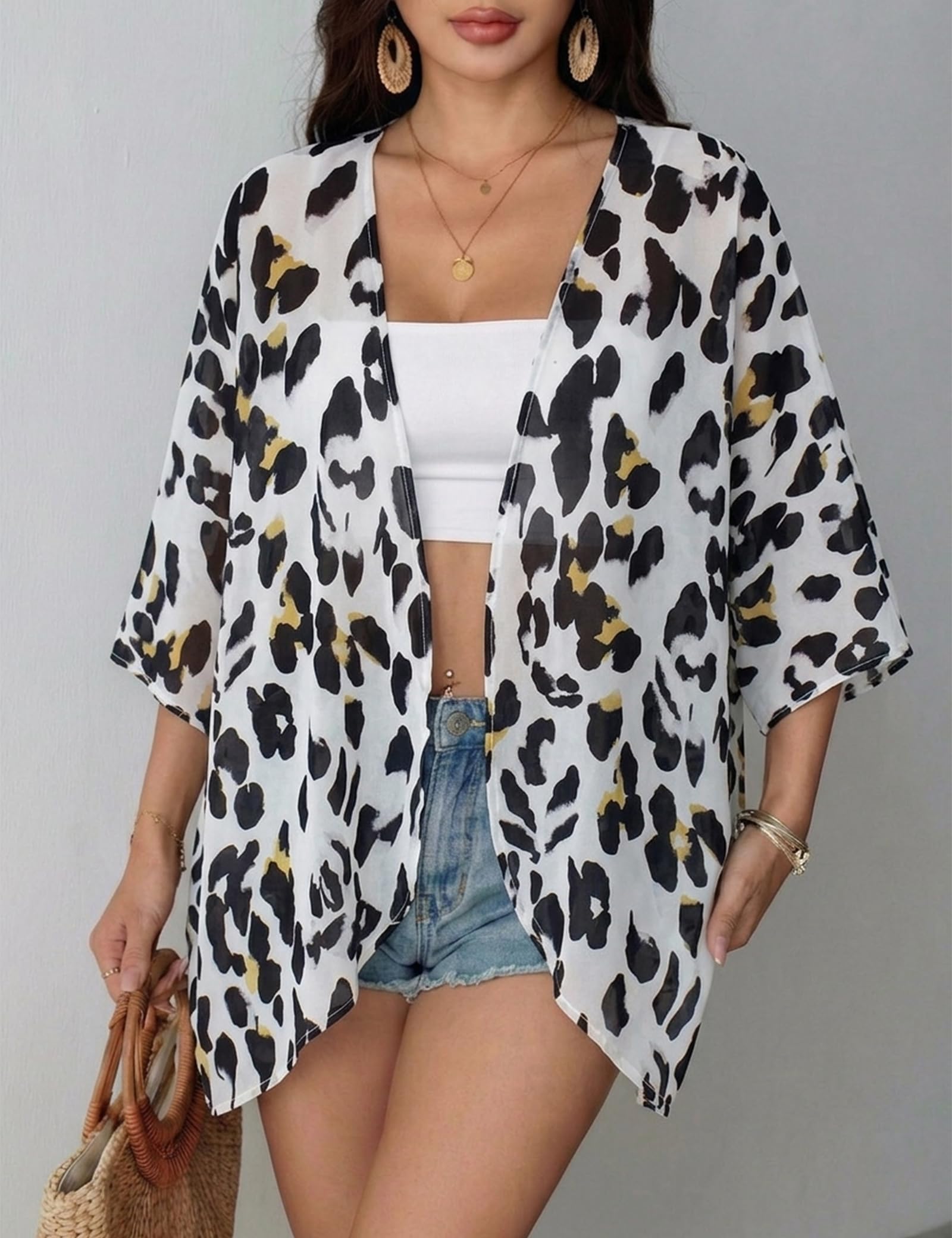 Chunoy Damski lekki kwiatowy nadruk szyfonowy luźny kardigan kimono peleryny odzież plażowa okrycie bluzka top, Lampart śnieżny, XL