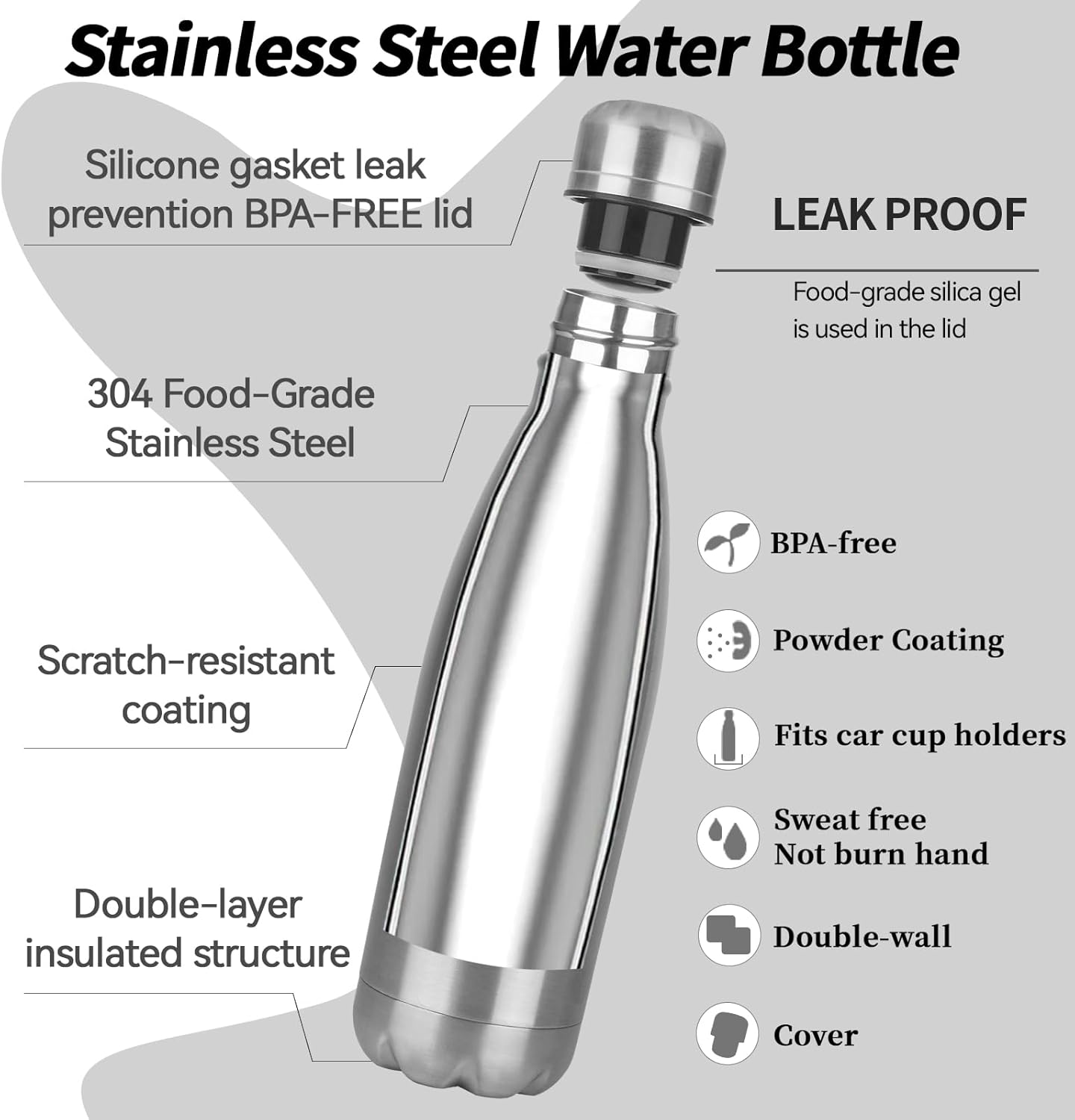 OWS 17oz Insulated Water Bottles Bulk 1/2/4 Pack, Metal Sports Water Bottles, Double Wall Vacuum BPA-Free Flask for School, Sports(silver 2pcs) - Image 2