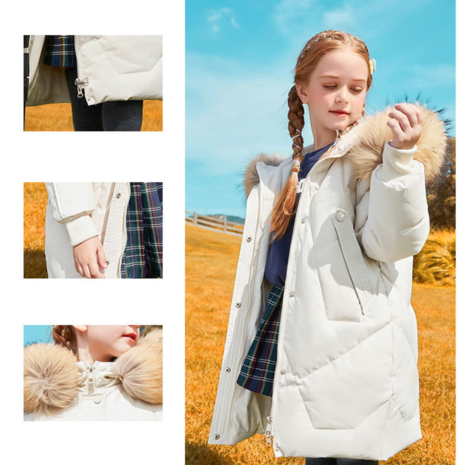 Piumino per Bambini di Media Lunghezza con Collo di Pelliccia per Ragazze Inverno Soffice Piumino D'Anatra Bianco Cappotto Addensato Abbigliamento Caldo Dolce,Black,8T(140CM)