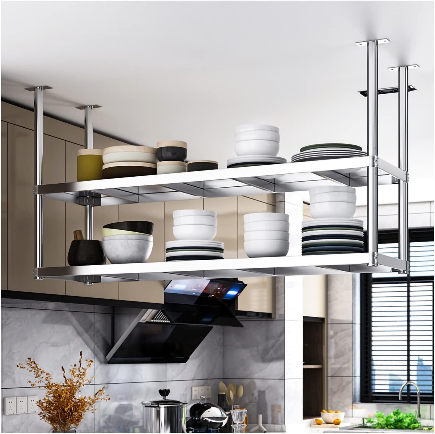 Ceiling Mounted Storage Racks Pot Rack Kitchen Wine Rack Ceiling Mount Pan Rack, Hanging Shelf Storage Shelving Tray Holder Ceiling Decoration Shelf for Bars,Kitchens (Silver 80 x 35 x 80cm)