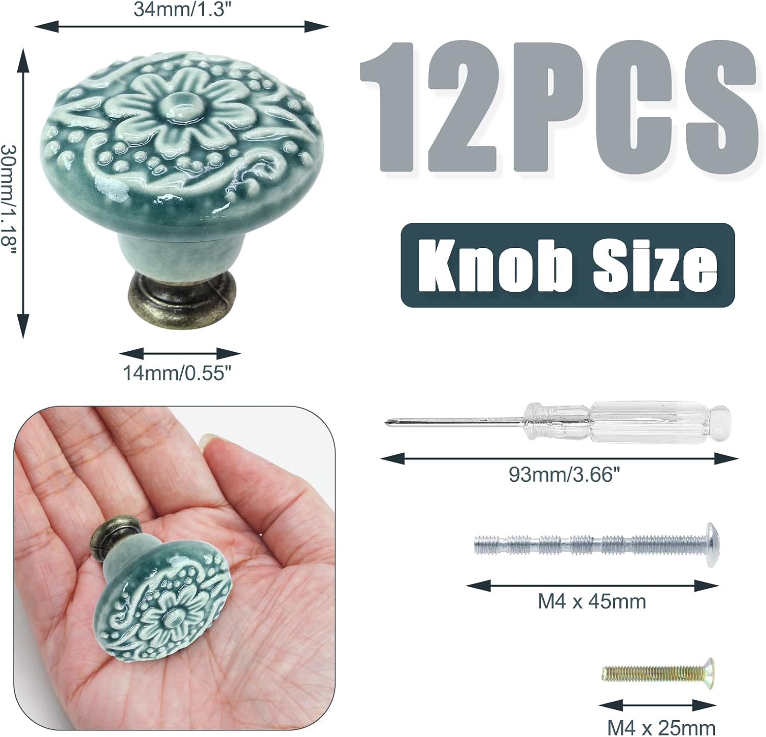 Biaungdo 12 Pcs Green Ceramic Kitchen Cabinet Knobs & Pulls, Retro Vintage Round Drawer Knobs, Decorative Closet Door Handles