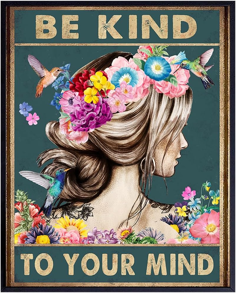 Boho Inspirational Quotes Wall Art – Zen Wall Decor – Positive Sayings for Women – Hummingbirds Mental health Art Poster – Meditation Office Living room Bedroom Artwork – Be Kind to Your Mind