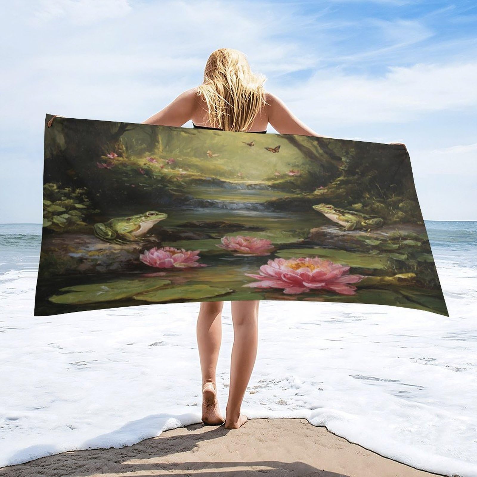 Luyysky Fantasy Abstract Cute Frog Quick-Drying Beach Towel, Classic Aesthetic Spring Garden Animal Butterflies Plant Lotus Floral Travel Vacation Single Sided Pile Bathroom Towels-80"W Cm X 160"L Cm