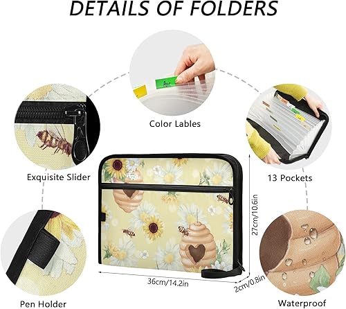 Miniatura 9 de ALAZA Carpeta de archivo expandible con diseño de rosas retro, 13 bolsillos, organizador de documentos expandible con cierre de cremallera para el