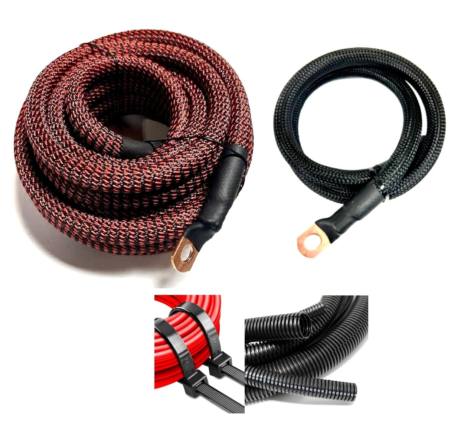 Xscorpion Battery Relocation Kit 12 Ft 1/0 Gauge Power Cable, 3 Ft 4 Gauge Black Snakeskin Copper Wire (Black-Red, 4 AWG)
