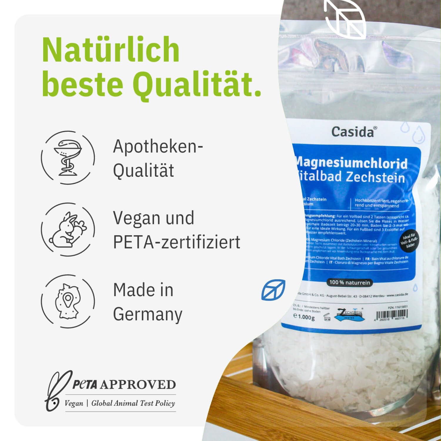 Casida Magnesiumchlorid Vitalbad 1000 g - Original Zechstein Magnesium Flakes, Flocken - rein natürliches Magnesiumchlorid Hexahydrat für Vollbad und Fußbad - auch für Herstellung Magnesiumöl