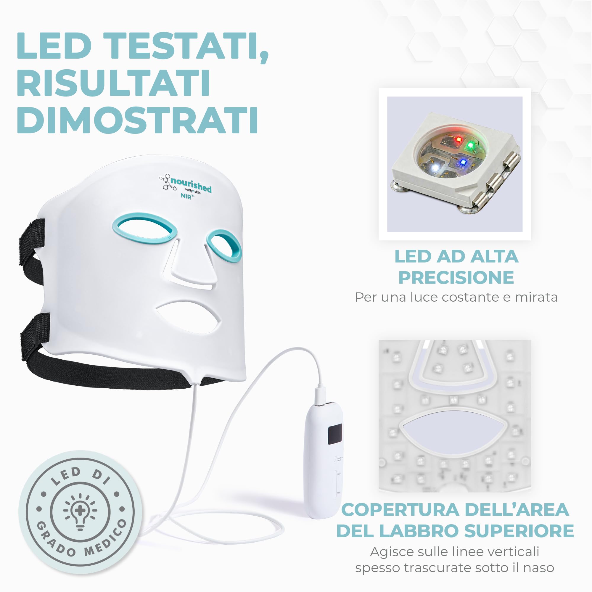 Nourished Bodynskin Maschera LED per il Viso a 7 Colori con Infrarossi Vicini - Terapia della Luce Blu, Rossa per il Viso - 456 LED - Strumento per la Cura della Pelle contro le Rughe, Anti-Età