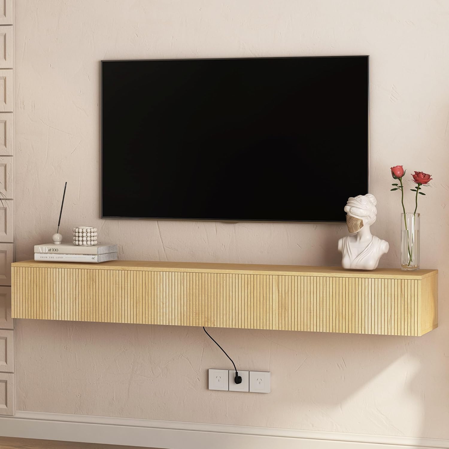 Natural Floating TV Stand for Bedroom,Fluted TV Console Wall Mounted,Floating Entertainment Center,Fluted TVs Cabinet Wood,Oak Console Table with 16 Color LEDs,Mueble Flotante para TVs