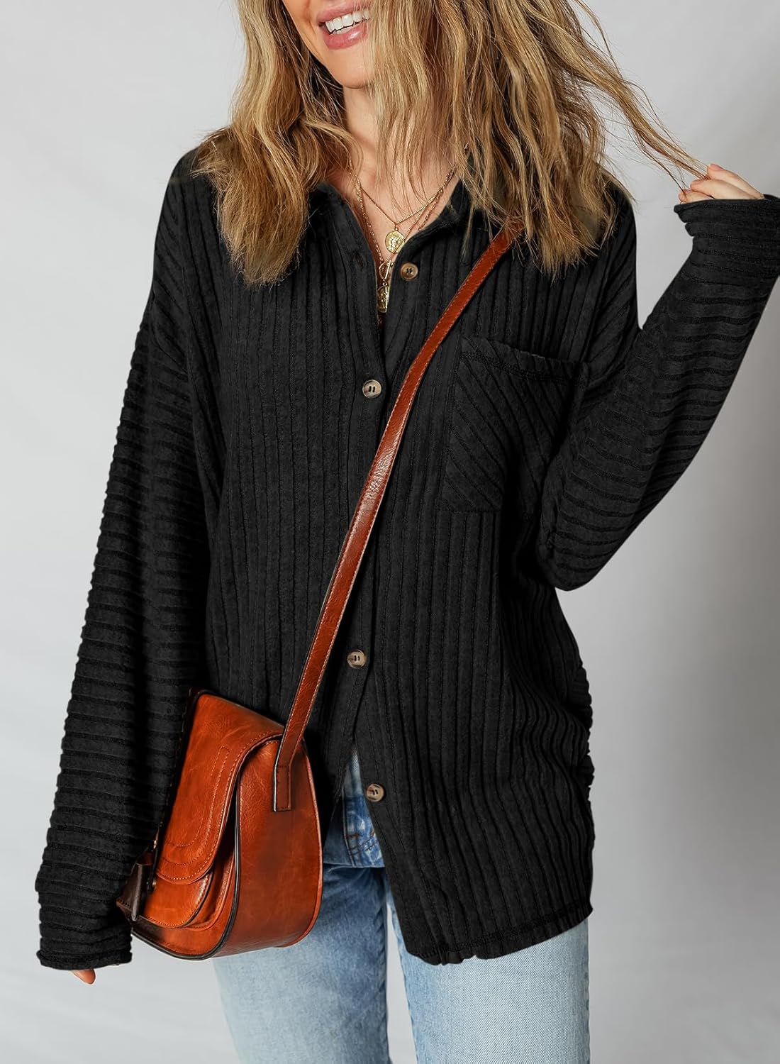 SHEWIN Womens Ribbed Knit Shacket Jacket Casual Long Sleeve Button Down Shirts Loose Sweater Tops Dressy Blouses with Pocket - Image 4