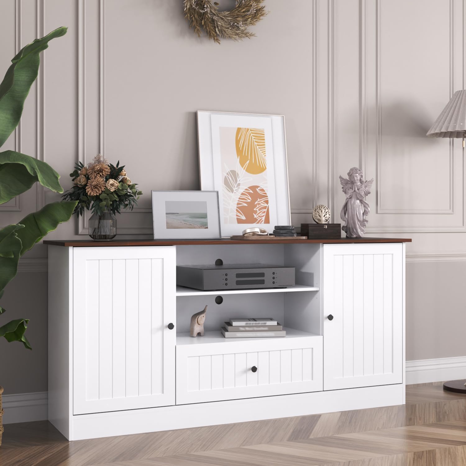 63 in Farmhouse TV Stand for TVs up to 70 Inch, Modern Entertainment Center with Storage Drawer and Open Shelves, Shaker Door TV Console Media Cabinet for Living Room, Bedroom, White - Image 5