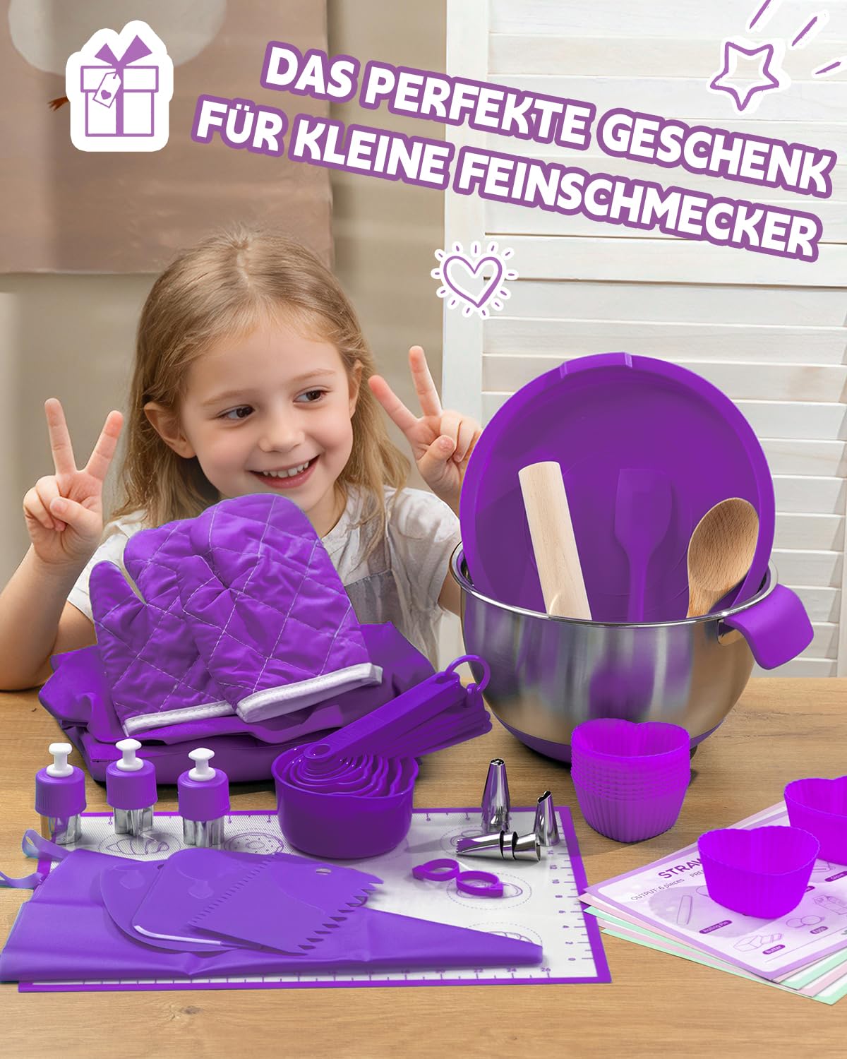 Kit de pâtisserie et de cuisine pour enfants 53 pièces avec toque, tablier de cuisine et accessoires de pâtisserie – Kit de jeu complet pour enfants à partir de 3 ans – Jouet éducatif pour