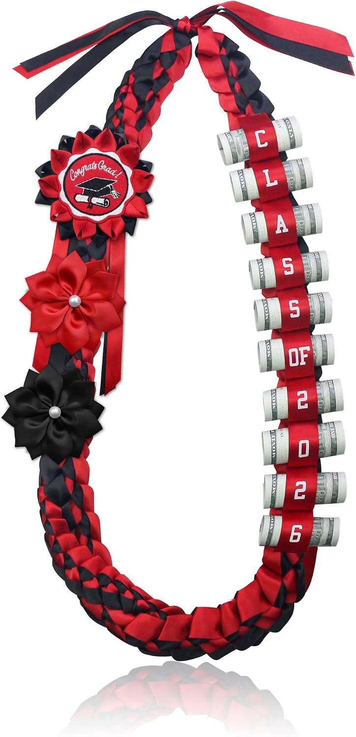 48''Class of 2026 Graduation Money Lei Double Braided Necklace with 3 Satin Flowers and Cash Holder Thoughtful Gift for High School and College Graduates Graduation Parties Cash Gifts for Graduates, Men&Women