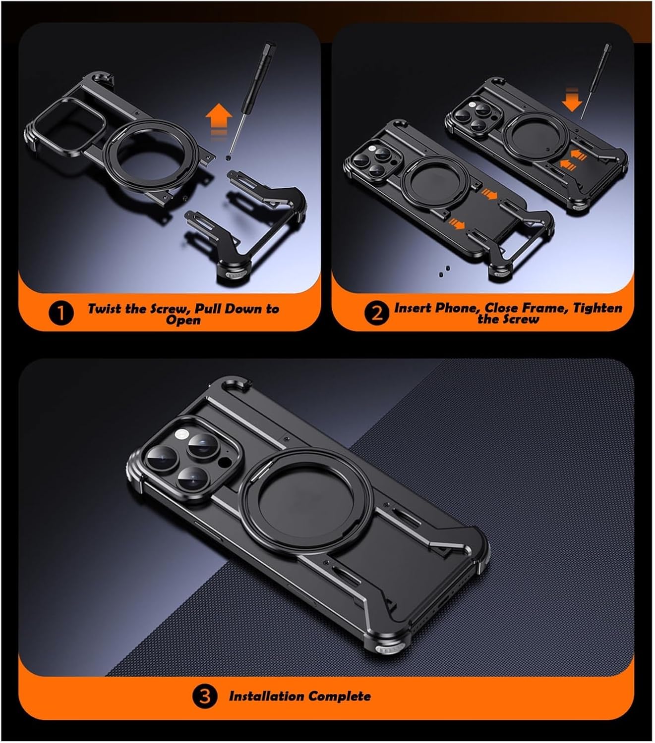 Case for iPhone 16 Pro/16 Pro Max, Shockproof Aluminum Metal Bumper with 360° Kickstand Ring, Compatible with MagSafe, Military-Grade Drop Protection Slim Lightweight Cover(Black,16 Pro Max)