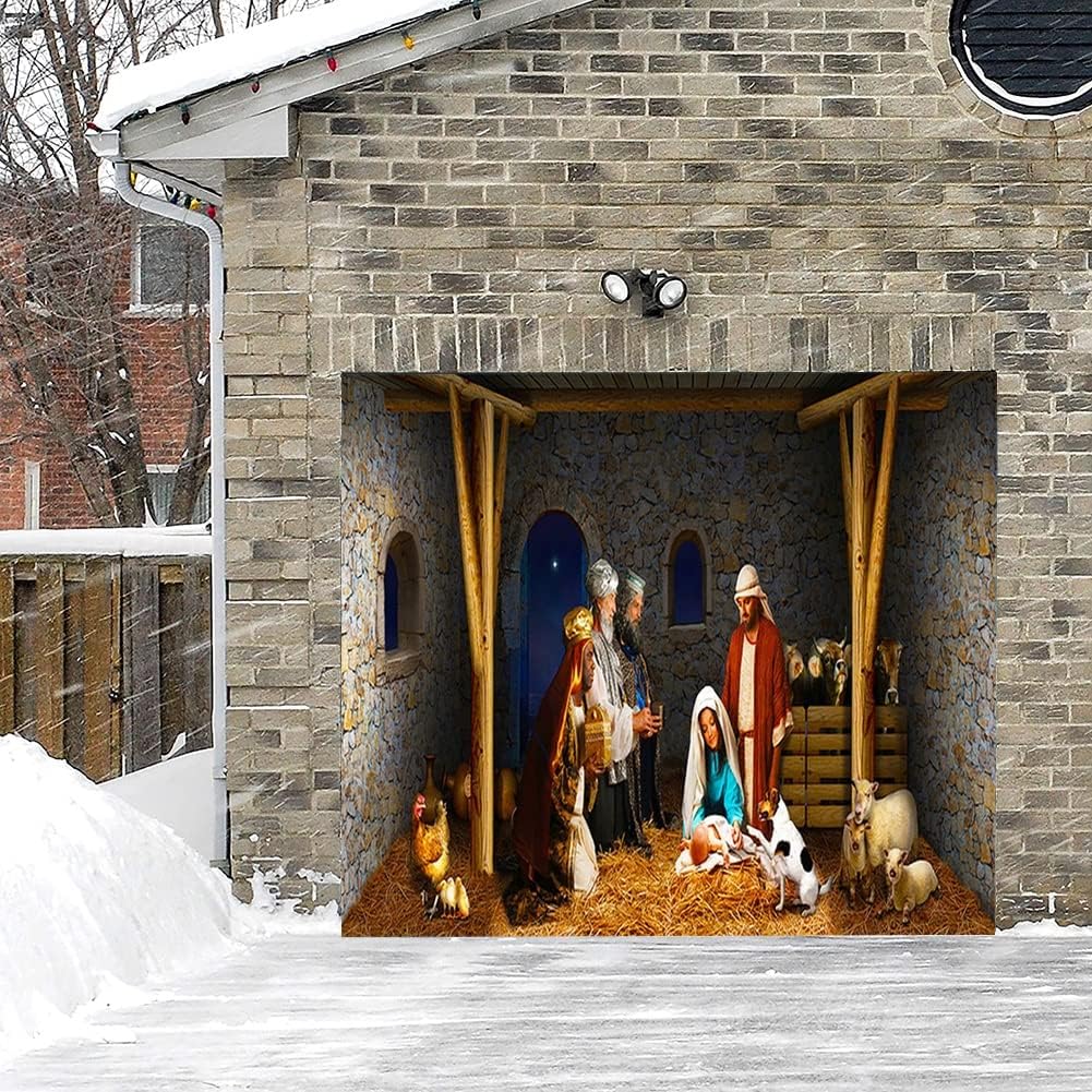 FAJOME 7x 8FT Christmas Garage Door Banner Cover Decoration Mural Sign Décor Large Christmas Nativity Scene Backdrop Background Sign For Christmas Holiday Party (Color : D)