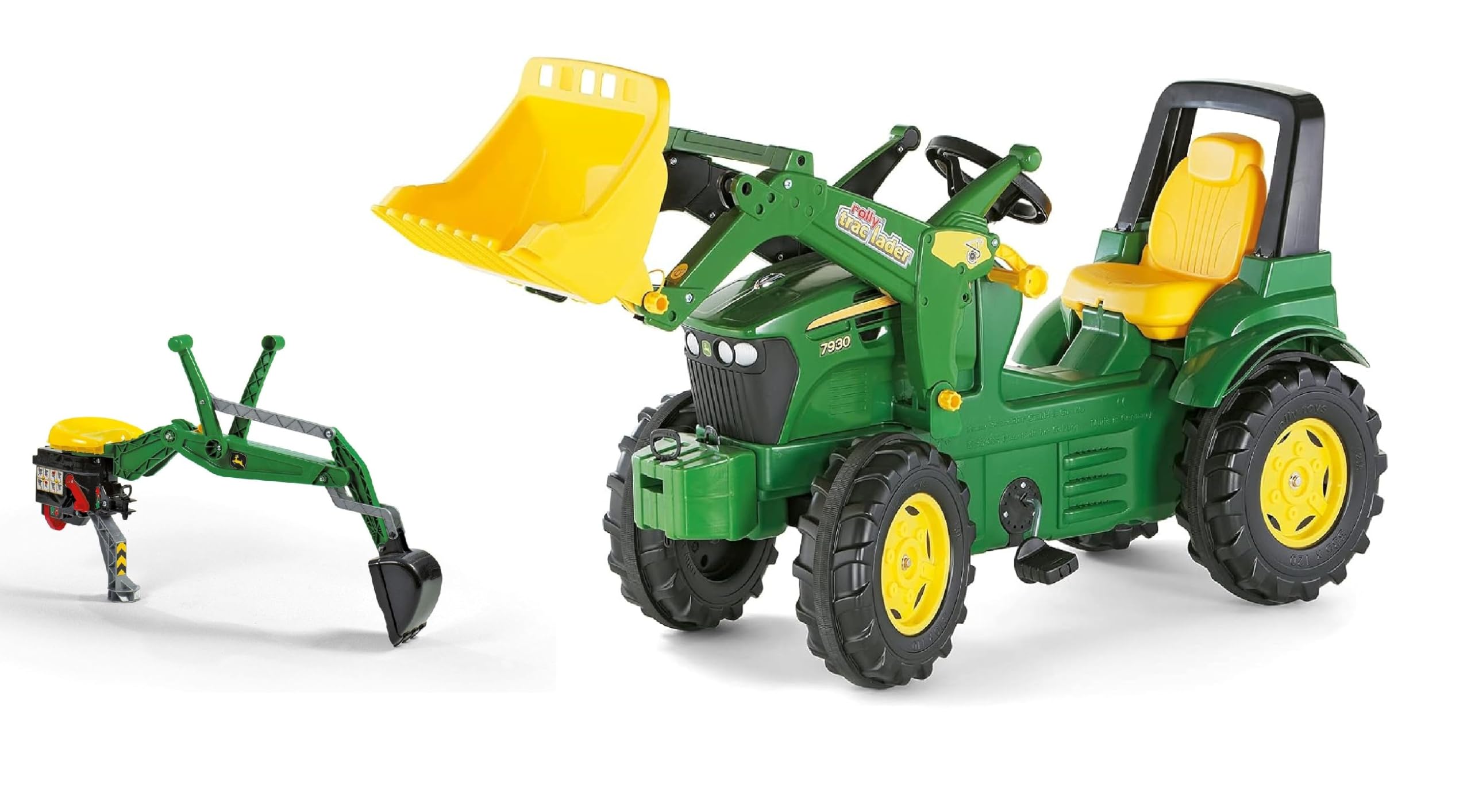 Rolly Toys rollyFarmtrac John Deere z ładowaniem od przodu i koparką tylną (zestaw 2-częściowy, z pojazdem na pedały dla dzieci od trzech lat i koparką tylną z funkcją siedzenia) 710447