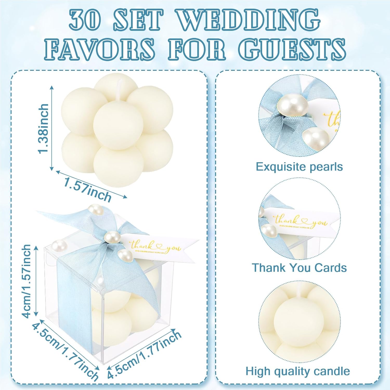 Nuanchu 30 Sets Bridal Shower Favors Blue 1.6" Mini Bubble Candles Wedding Favors Gifts for Guests Aesthetic Bubble Candles Baby Shower Favor with Thank You Card Ribbon for DIY Baptism Gift