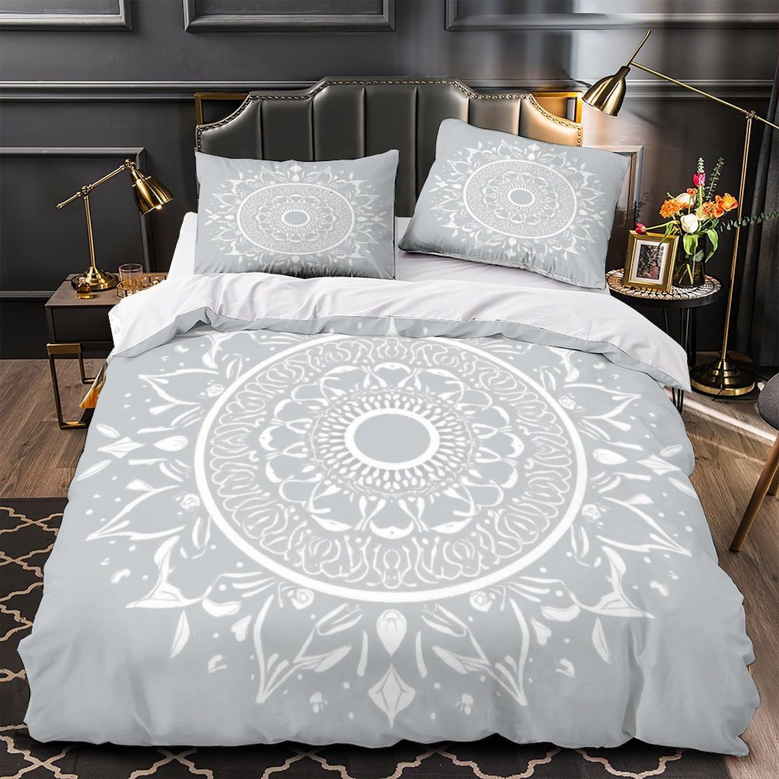 Housse de couette Mandala King 220x240cm en microfibre avec 3 pièces blanche et ses taies