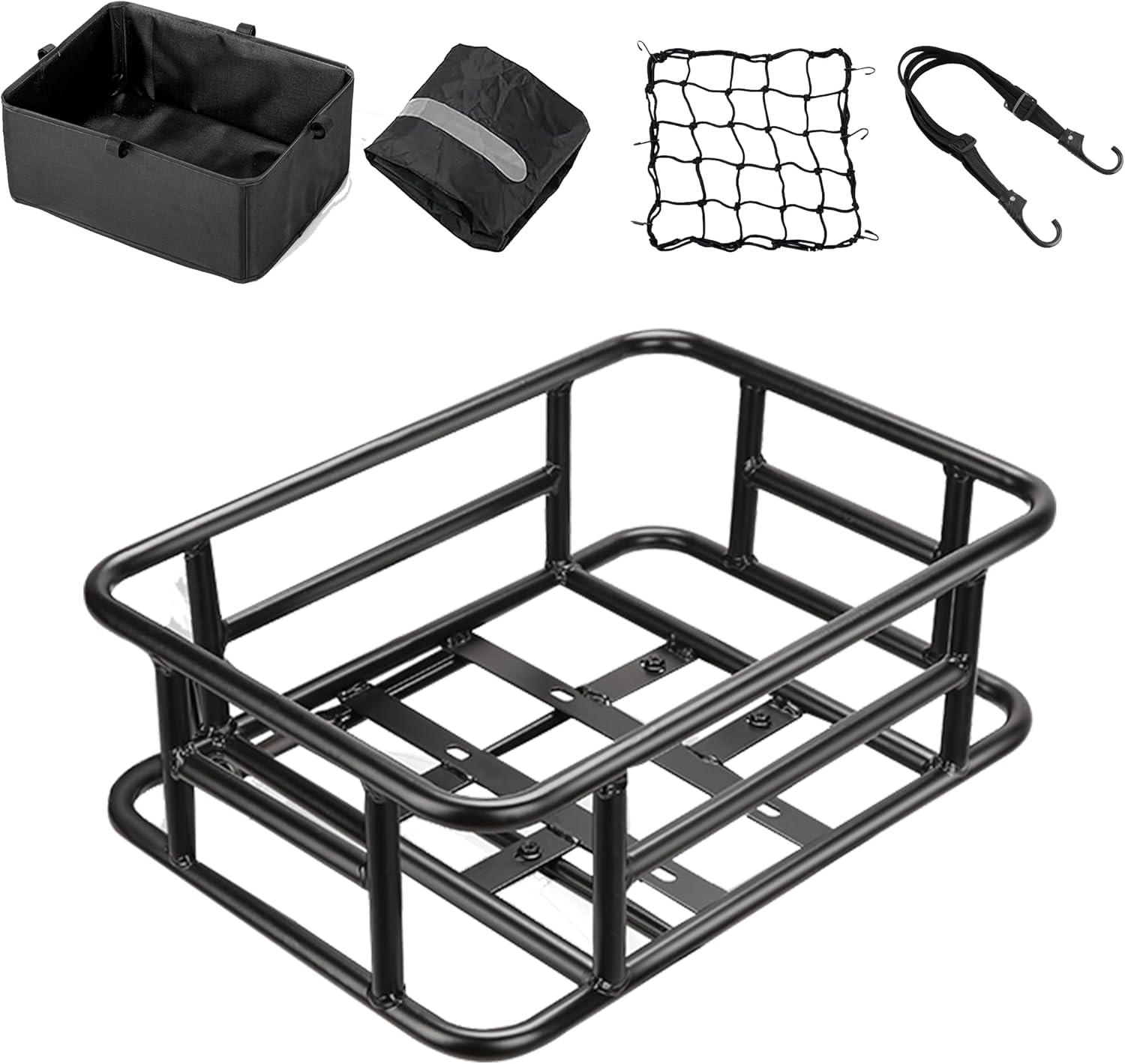 Bike Basket Rear with Liner,Large Bicycle Basket with Waterproof Cover,Bicycle Rear Basket with Cargo Net and Elastic Bungee Cord for Electric Bike