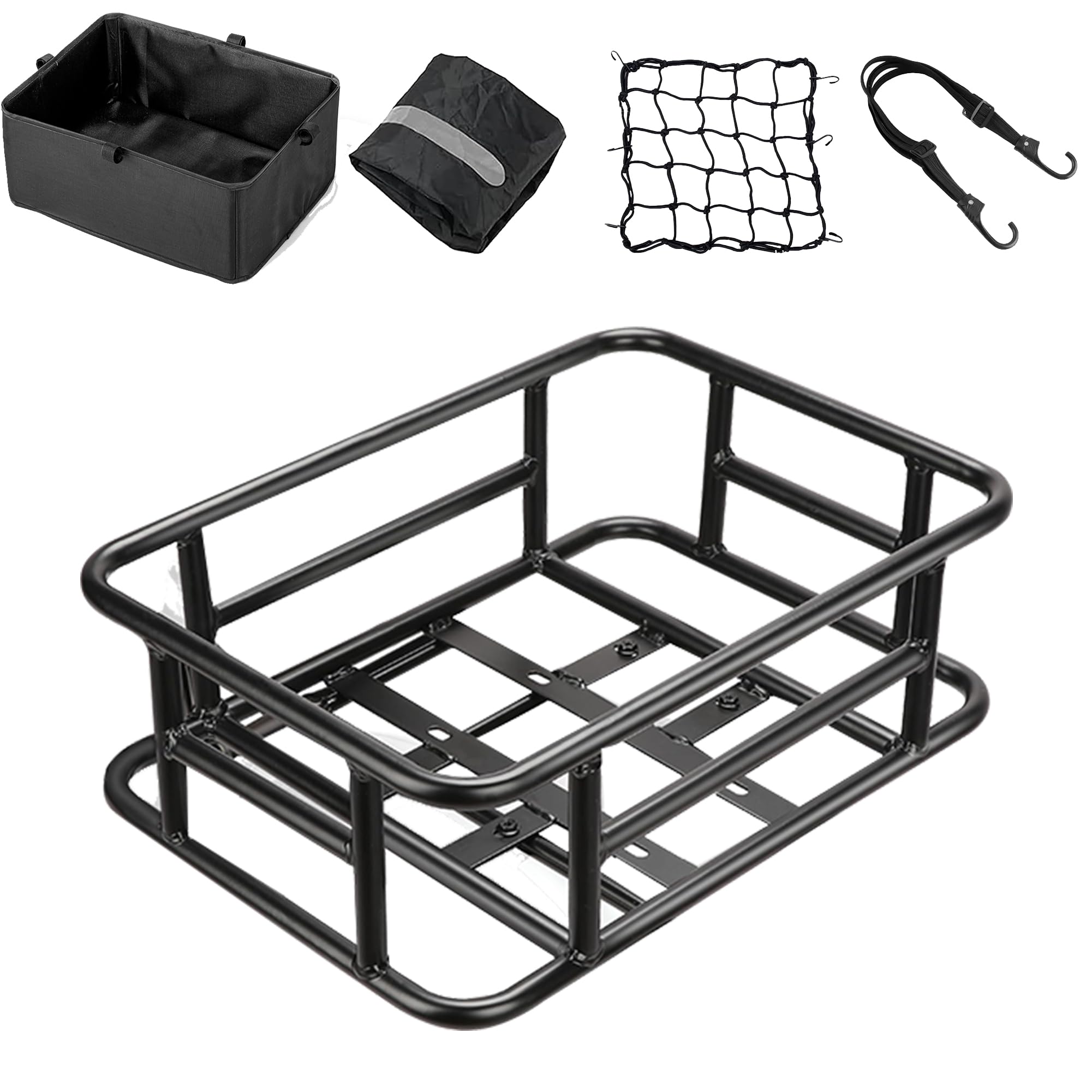 YONTUO Bike Basket Rear with Liner,Large Bicycle Basket with Waterproof Cover,Bicycle Rear Basket with Cargo Net and Elastic Bungee Cord for Electric