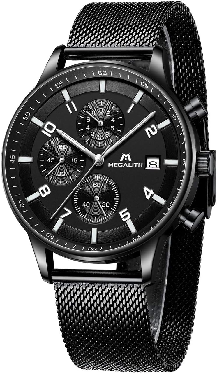 Men Waterproof Sport Black Chronograph Luminous Stainless Steel Mesh Wrist Watch