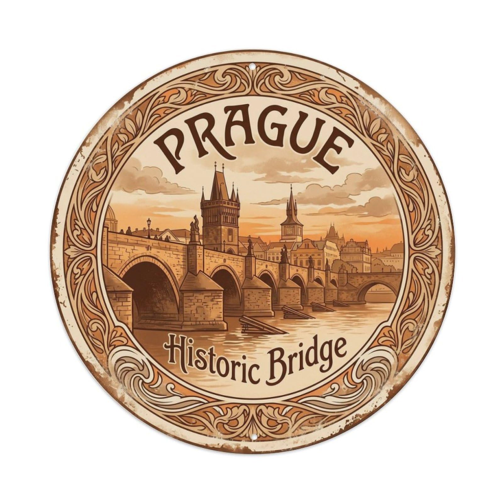 Vintage Travel Bridge Prague Historic Metal Tin Sign Plaque Wall Decor for Cafe, Club, Garden Round Metal Poster 8x8Inch