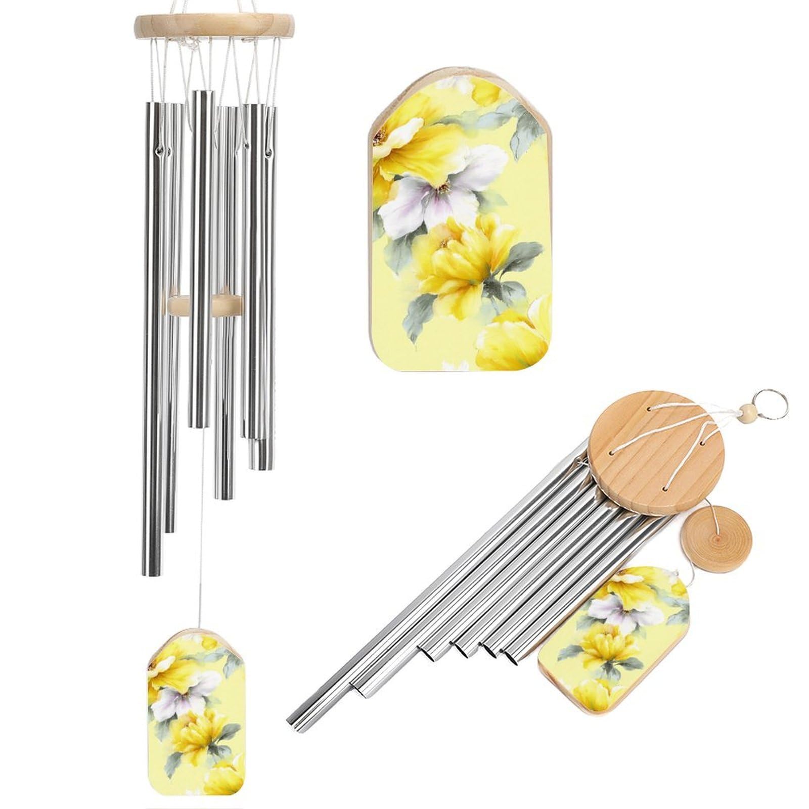 Watercolor Yellow Flowers Floral Pattern Wind Chimes Memorial Deep Tone Windchime with 6 Aluminum Tubes Outdoor Backyard Garden Decoration