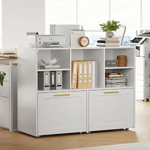 Lateral File Cabinet with 2 Drawers, Modern Office Storage Cabinet with Open Cubes, Fits Letter/A4, White