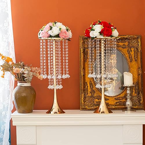 Miniatura 3 de LANLONG Paquete de 2 soportes de metal de cristal de lujo con 2 flores artificiales, 15 cabezas, rosas de plástico con base para centros de mesa de