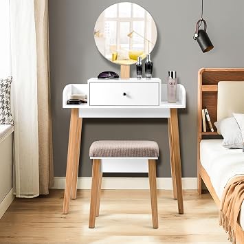 Vanity Table Set, w/Drawer &Side Storage, Dressing Table, w/Adjustable Height Rounded Mirror &Pine Legs, Girls Women Makeup Table &Stool Set, Ideal for Bedroom, Bathroom &Hallway, White & Natural.