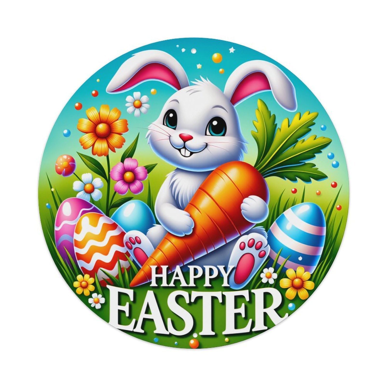 Easter Bunny Carrot Eggs Flowers Round Tin Sign Retro Metal Sign for Cafe Bar Pub Home Game Room Gym Club Wall Decoration Vintage Metal Poster 8x8 Inch