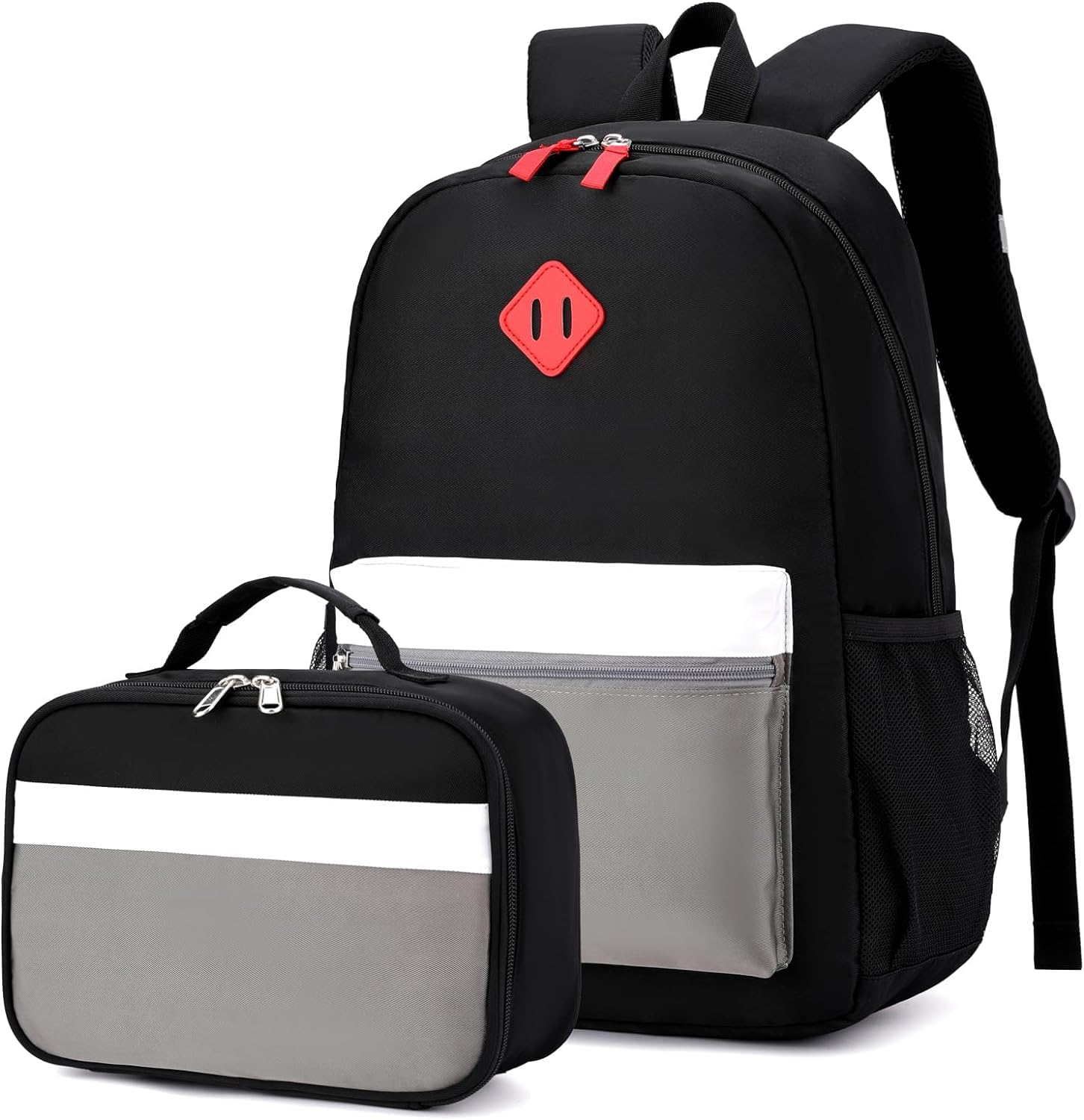 Yvechus Kids Backpack Lunch Box Set Kindergarten School Backpacks 3-6 Years for Boys and Girls with Chest Buckle (Set Black Grey, Medium-15 H)