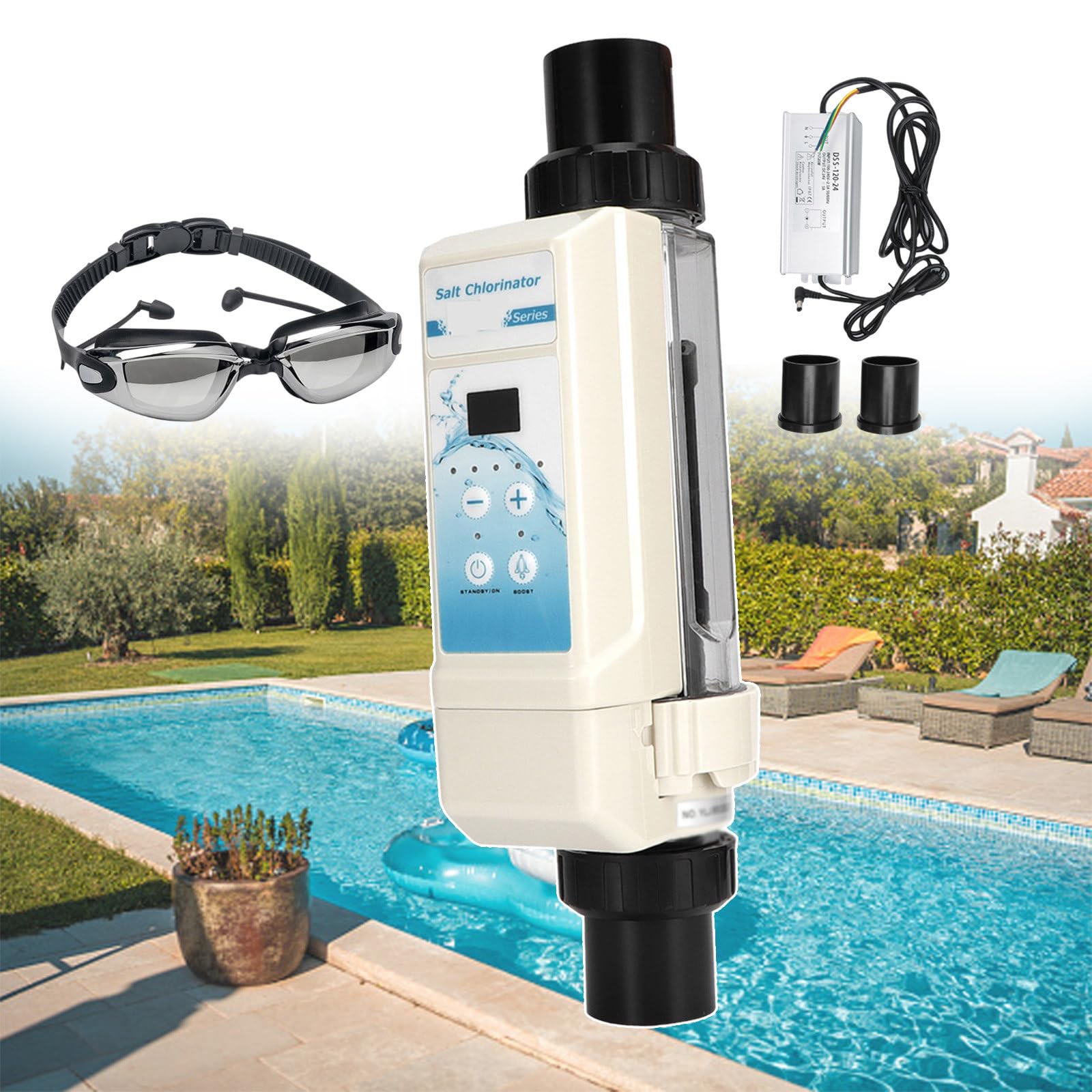 forplubossmmp Saltwater Chlorinator for Pools, Swimming Pool Chlorine Machine with Goggles, Saltwater Pool Machine with Automatic Cleaning 8g/h, 12g/h, 16g/h, 20g/h - Water Level Detection,EC-20