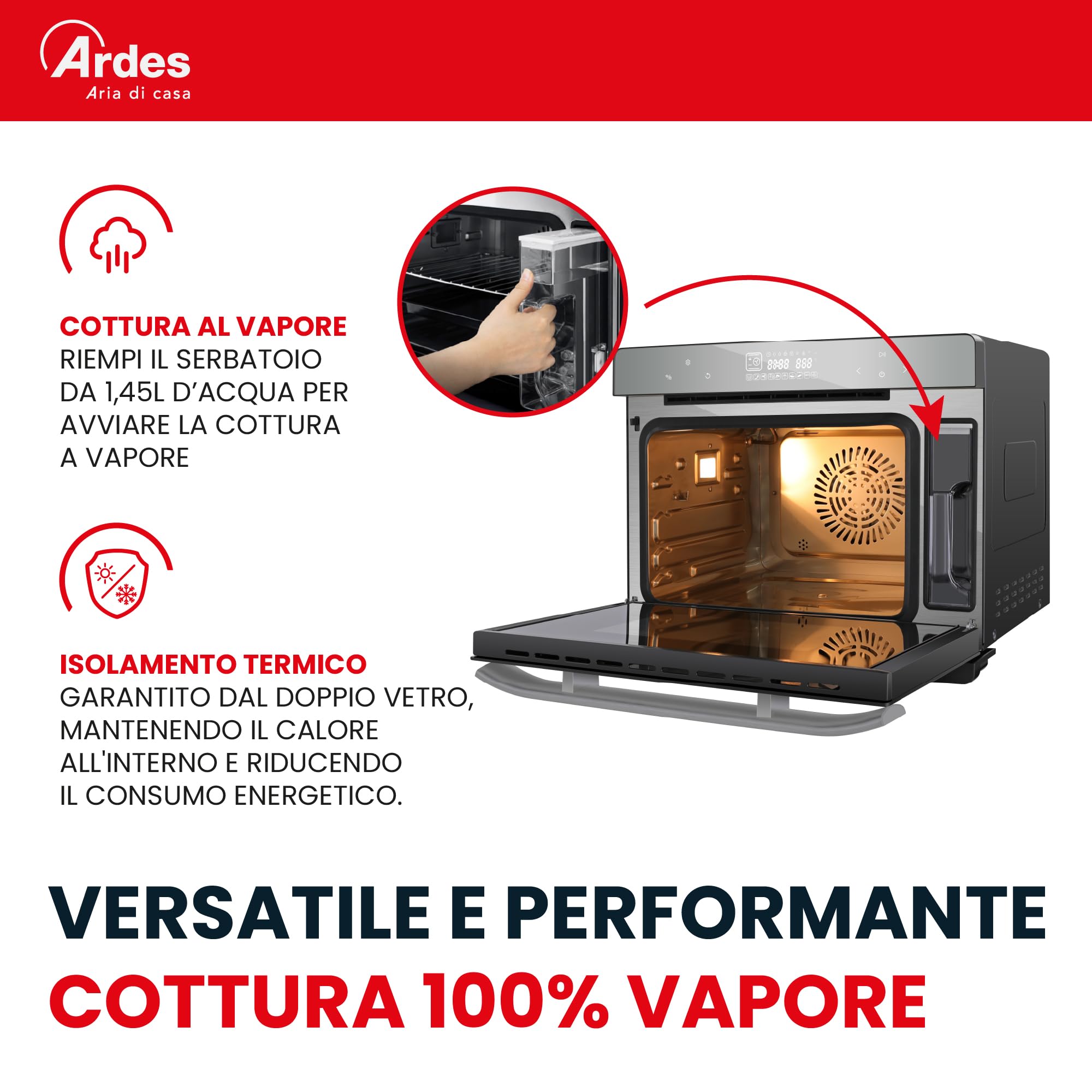 ARDES - AR6440VD Four électrique ventilé Capacité de 31 litres avec lumière interne 9 fonctions de cuisson minuterie double vitrage avec accessoires MIST 400, Noir