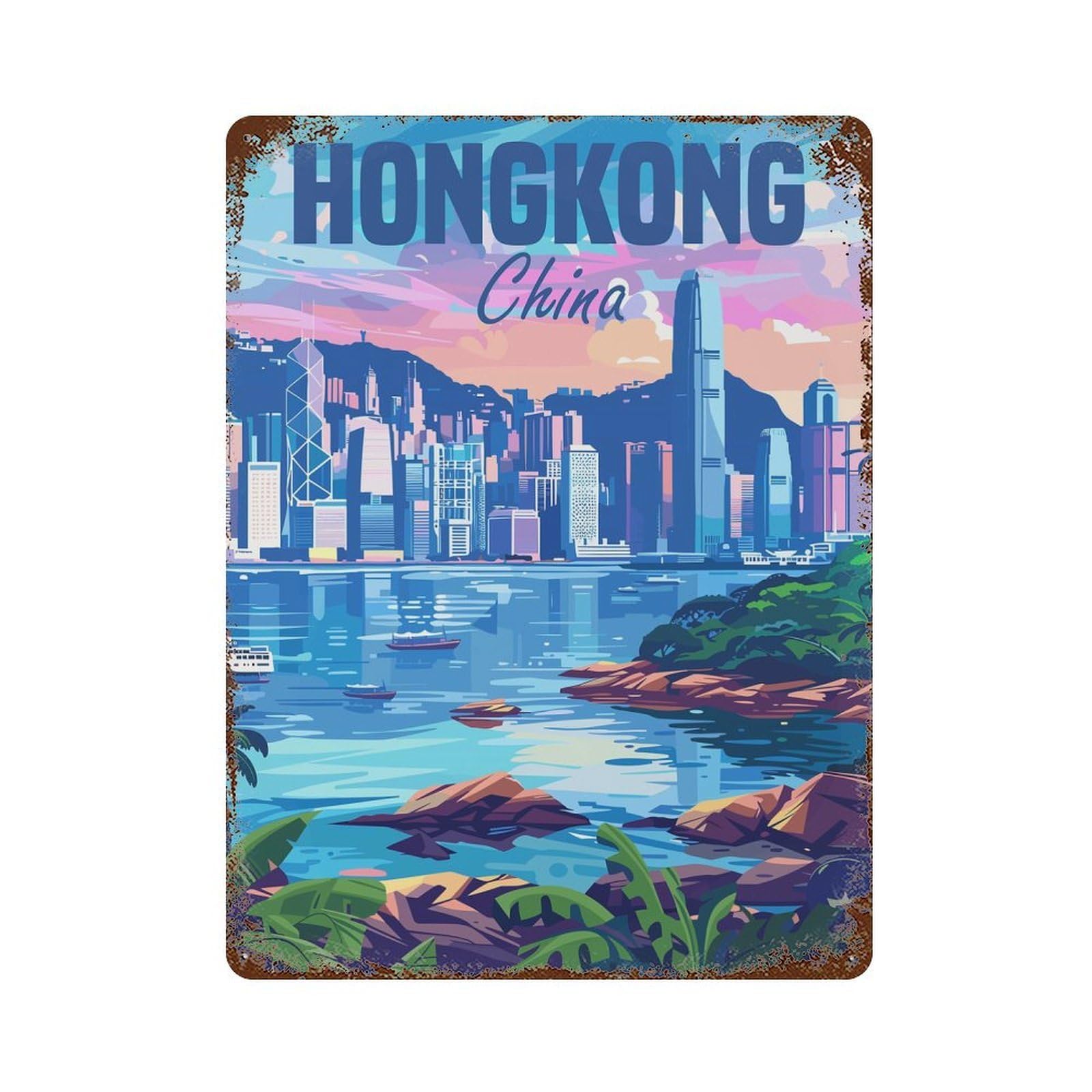 Hong Kong China Rust Effect Tin Sign 15.7"x11.8", Old School Wall Decor for Farmhouse, Kitchen And Entryway Decor