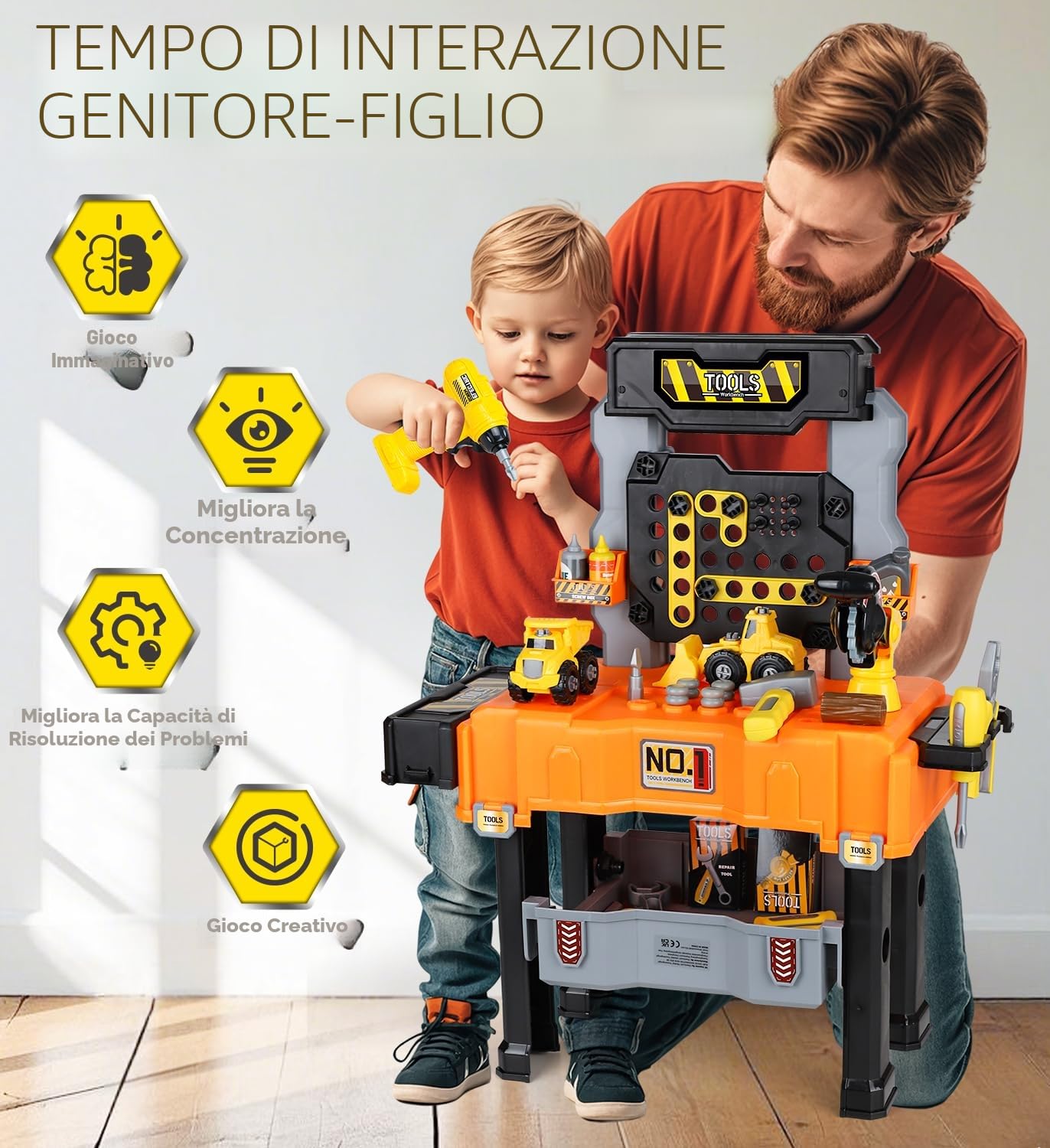 Lehoo Castle Banco da Lavoro per Bambini, Set di Attrezzi con Trapano e Veicolo, Cassetta Degli Attrezzi e Banco Degli attrezzi 2in1,Giocattolo per l'apprendimento STEM per Bambini 2 3 Anni